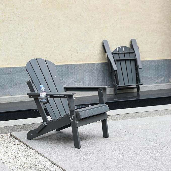 Folding Adirondack Chair with Dual Cup Holder, HDPE Composite Adirondack Chair with Wood Texture, Patio Chairs, Lawn Chairs, Outdoor Chair for Deck, Backyard, Garden (Gray)