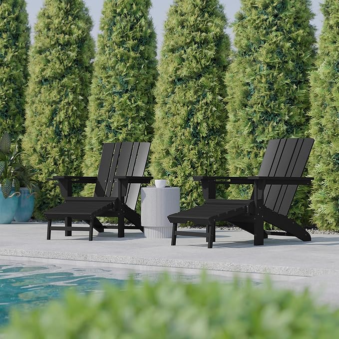 Flash Furniture Halifax Poly Resin Adirondack Chair with Cup Holder and Pull Out Ottoman, All-Weather Poly Resin Indoor/Outdoor Lounge Chair, Set of 2, Black