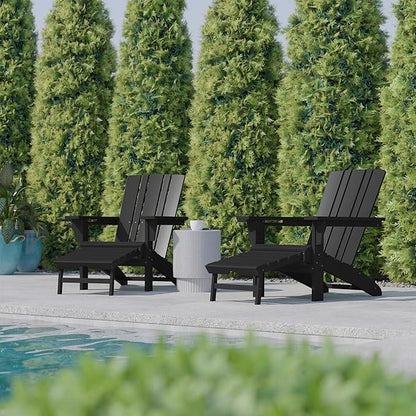Flash Furniture Halifax Poly Resin Adirondack Chair with Cup Holder and Pull Out Ottoman, All-Weather Poly Resin Indoor/Outdoor Lounge Chair, Set of 2, Black
