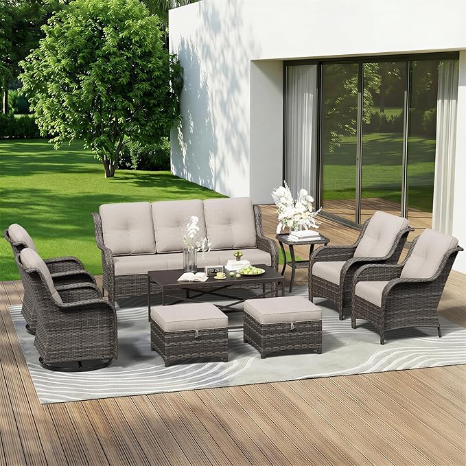 9 Piece Outdoor Wicker Patio Furniture Set, Patio Chairs Set with Thickened Olefin Cushions, High Back and Deep Seating - Photo 1