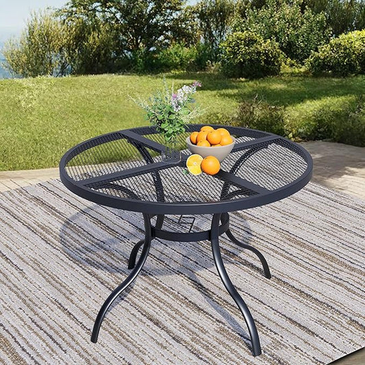 42'' Outdoor Patio Dining Table with Adjustable Umbrella Hole, Mesh Tabletop Round Table, Heavy Duty 400lbs Capacity, for Deck, Balcony, Bistro, Black