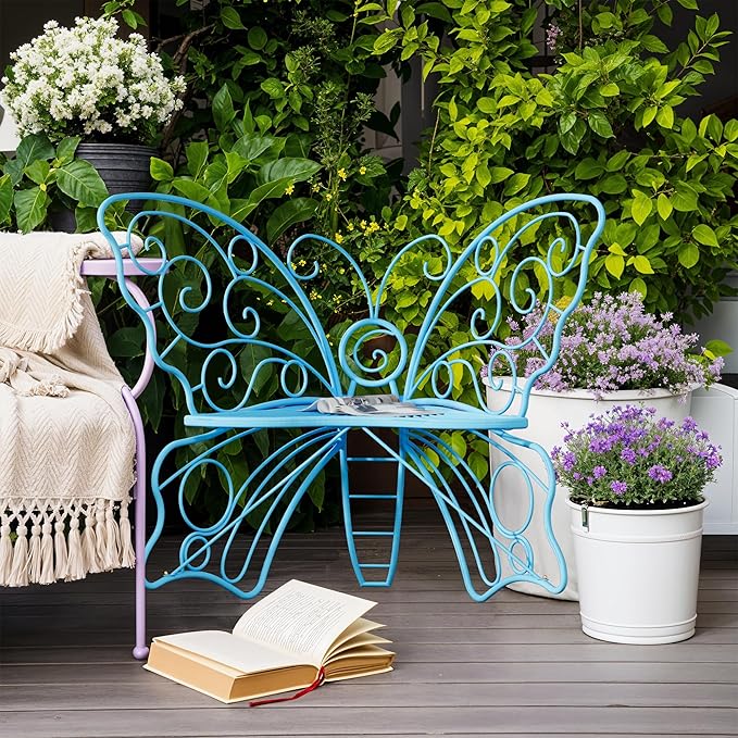 49 Inch Outdoor Bench, Blue Garden Bench with Metal Frame, Weatherproof Butterfly Front Porch Benches for Lawn, Garden, Yard, Balcony