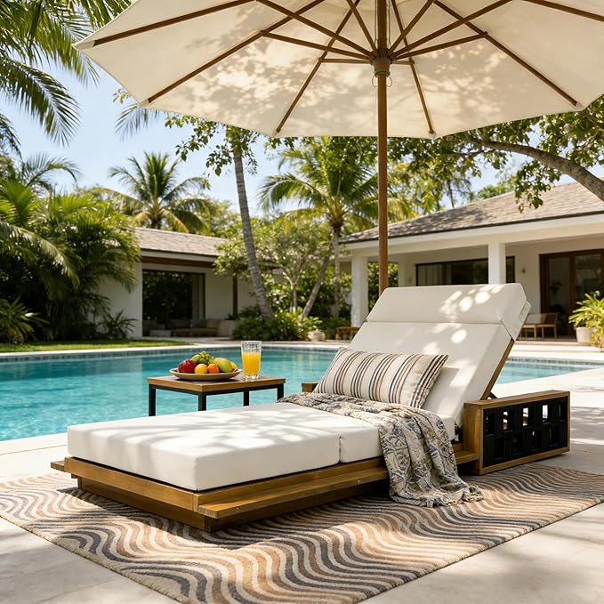 Merax Acacia Wood Patio Chaise Lounge with 4-Position Adjustable Backrest, Outdoor Sunbathing Recliner Chair & 4" Thick Four-fold Cushion for Poolside, Garden, Backyard, Patio, Beige