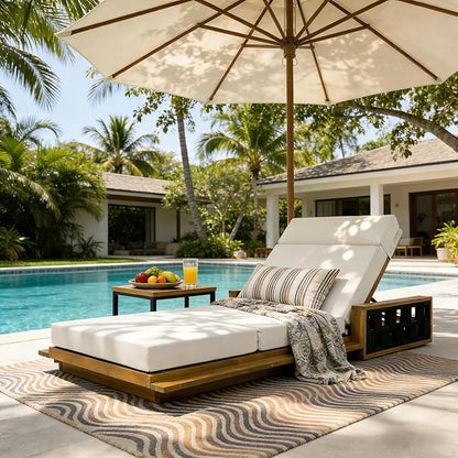Merax Acacia Wood Patio Chaise Lounge with 4-Position Adjustable Backrest, Outdoor Sunbathing Recliner Chair & 4" Thick Four-fold Cushion for Poolside, Garden, Backyard, Patio, Beige