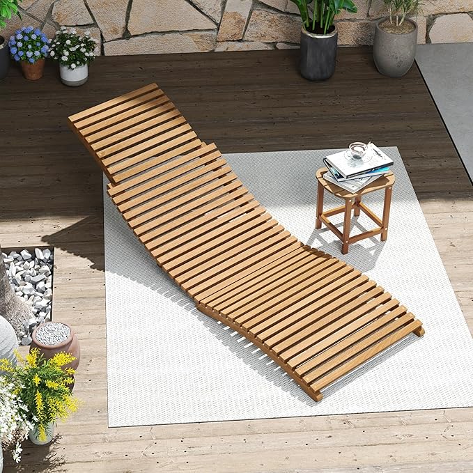 Tangkula Patio Folding Wooden Lounge Chair, Teak Wood Pool Chair with Slatted Seat, Outdoor Portable Low-Profile Sun Lounger for Poolside, Backyard, Porch, Beach (1)