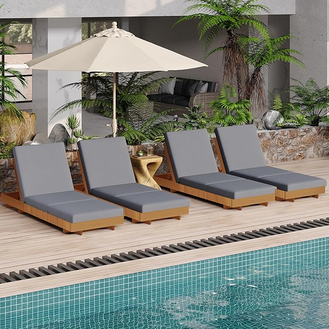 Merax 4-Piece Acacia Wood Chaise Lounge Set w/ 6-Position Adjustable Backrest & Cushion - Outdoor Patio Poolside Furniture, Grey