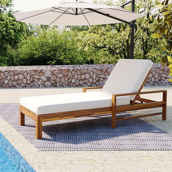 Polibi Acacia Wood Outdoor Lounge Chair with 3-Position Adjustable Backrest - Photo 1