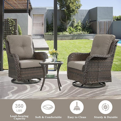 Belord 5 Piece Wicker Patio Furniture Set, Outdoor Swivel Rocker Chairs Set of 2 with Ottomans and Side Table, All Weather Patio Conversation Furniture Set, for Porch Pool, Brown Wicker/Gray