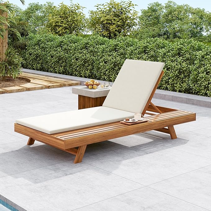 Christopher Knight Home Kayes Acacia Wood Chaise Lounge with 2'' Cushion, Outdoor 79'' Patio Recliner Chair with 4-Position Adjustable Backrest, Sun Lounger for Poolside Backyard, Teak+Cream