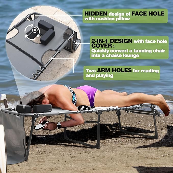 Foldable Outdoor Chaise Lounge Chair with Face & Arm Hole, Portable Tanning Chair with 5-Position Adjustable Back, Detachable Pillow and Pocket for Patio, Beach and Pool, Gray
