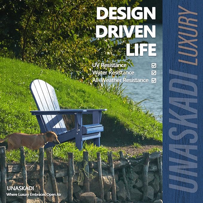 Outdoor Folding Adirondack Chair Set of 4 for Patio Fire Pit, Wooden Textured HDPE Adjustable Chairs with Cup Holder, Waterproof All Weather Resistant Plastic for Pool Lawn Garden Backyard(NavyBlue)