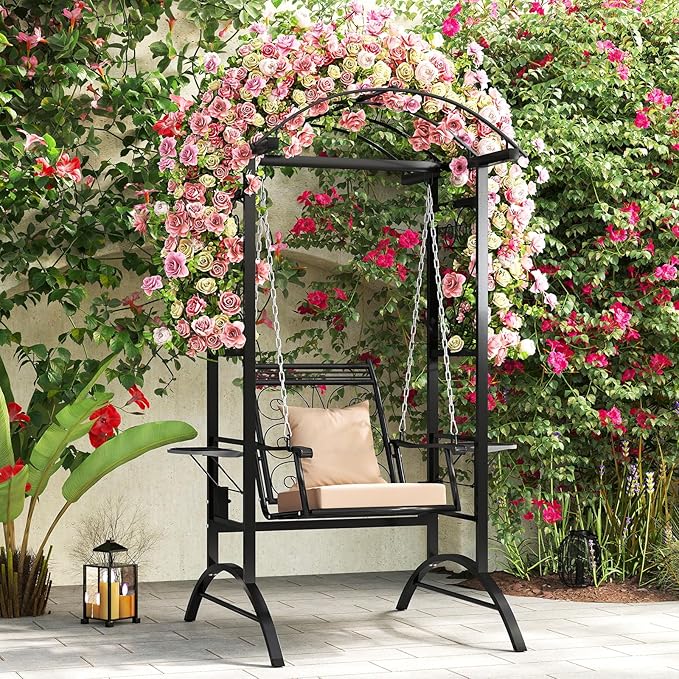 Tangkula Porch Swing with Stand, Outdoor Patio Swing with Heavy-Duty Metal Frame, Arch Trellis, Removable Cushions, Side Tables, Armrests for Garden, Balcony, Backyard and Poolside