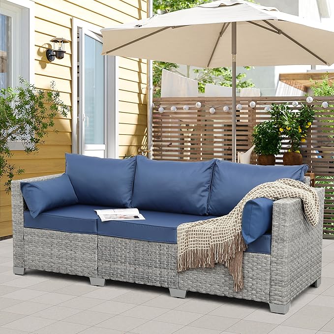 WAROOM Outdoor Couch 3 Seater Wicker Patio Sofa Grey Rattan Balcony Furniture Deep Seat Porch Seating, Navy Blue Cushion - Photo 3