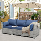 WAROOM Outdoor Couch 3 Seater Wicker Patio Sofa Grey Rattan Balcony Furniture Deep Seat Porch Seating, Navy Blue Cushion - Photo 3