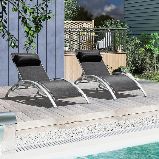 Domi Pool Lounge Chairs Set of 2, Outdoor Chaise Lounge with Side Table, Adjustable Aluminum Reclining Chair for Deck Poolside Beach Sunbathing (Dark Gray)