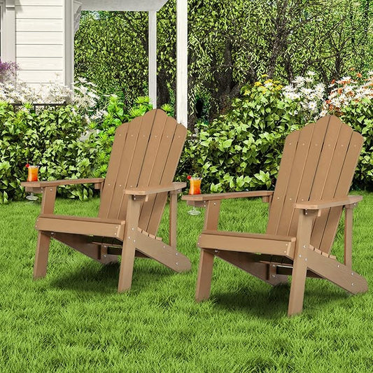 Giantex Outdoor Adirondack Chair - Oversized Patio Chairs w/Hidden Cup Holder, Realistic Wood Grain, 380 LBS Weight Capacity, Weather Resistant Firepit Chairs for Backyard, Garden (2, Teak)