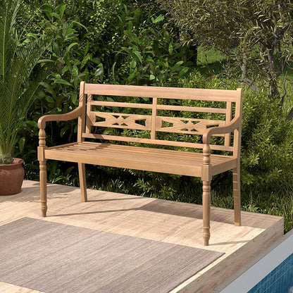 Large Outdoor Wood Bench, 2 Person Natural Teak Wood Bench w/Armrests and Backrest, Wood Garden Bench for Porch, Park, Yard and Patio
