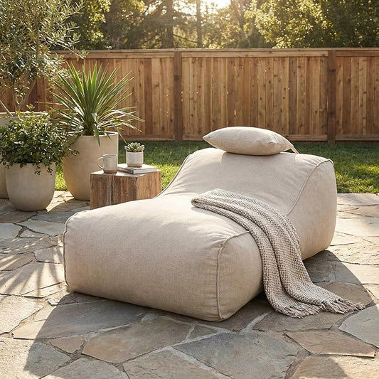 Merax Outdoor Bean Bag Chairs with Headrest, 71" L Large Lounger Chair for Adults Bean Bag Bed with Foam Filled for Patio Pool Balcony & Desk, Beige Fabric Outside Beanbag Chair, Beige