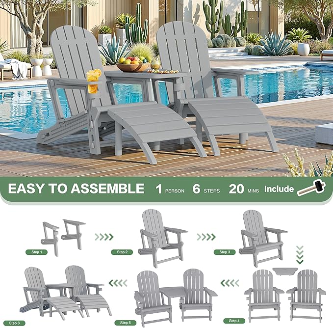 JY QAQA Outdoor Adirondack Chair Set of 2 with Detachable Table & Ottoman, All-Weather HDPE Patio Furniture with Wood Texture & Cup Holder for Patio, Poolside, Garden, Light Grey