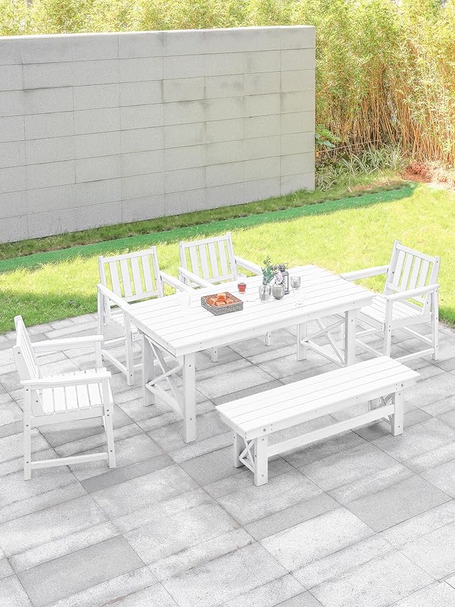 HDPE Outdoor Dining Set of 6, Patio Dining Table Set with 4 Chairs and 1 Bench - Photo 2
