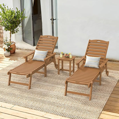 LUE BONA Outdoor Lounge Chair Set with Table, 3-Piece, HDPS Chaise Lounge Outdoor with Wheels, 5 Positions Adjustable Pool Lounger Chairs for Outside, Patio, Teak Color