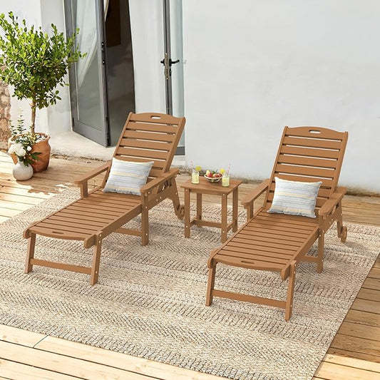 LUE BONA Outdoor Lounge Chair Set with Table, 3-Piece, HDPS Chaise Lounge Outdoor with Wheels, 5 Positions Adjustable Pool Lounger Chairs for Outside, Patio, Teak Color