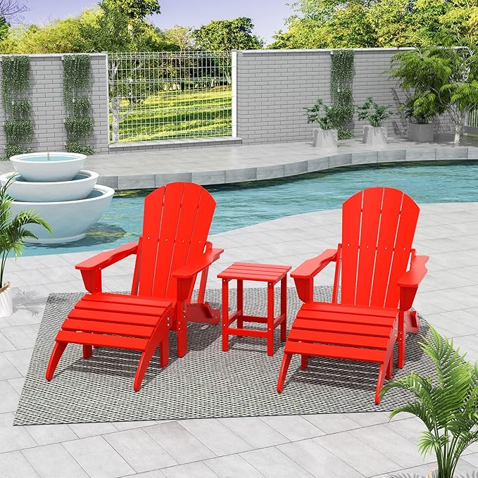 WestinTrends Malibu Outdoor Lounge Chairs Set, 5-Pieces Adirondack Chair Set of 2 with Ottoman and Side Table, All Weather Poly Lumber Patio Lawn Folding Chair for Outside, Red