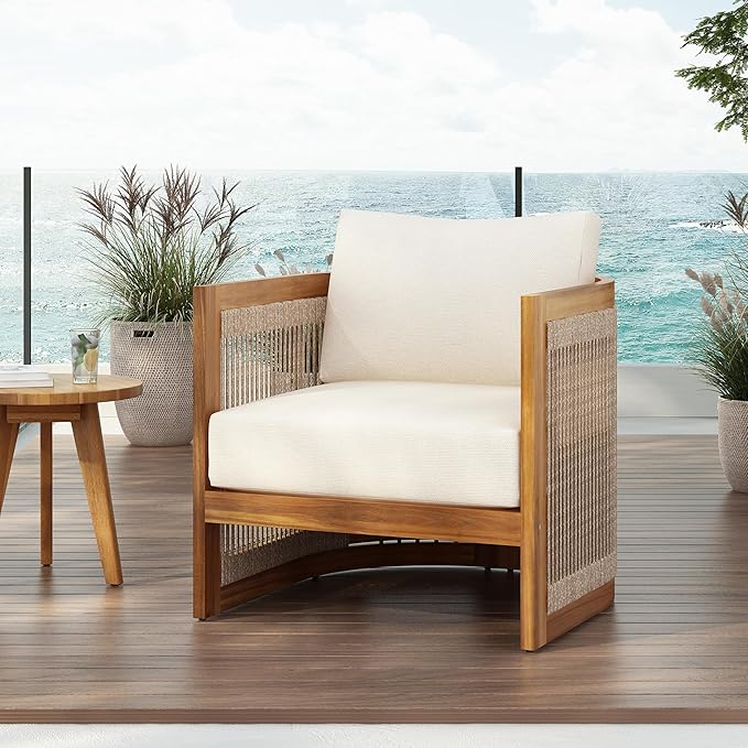 Christopher Knight Home Yunara Patio Club Chair with Cushions, Acacia Wood Lounge Chair Outdoor, Woven Accents - Photo 6