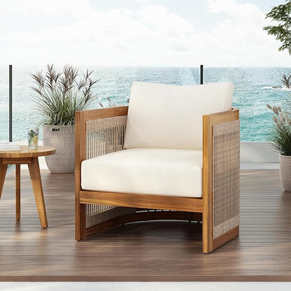 Christopher Knight Home Yunara Patio Club Chair with Cushions, Acacia Wood Lounge Chair Outdoor, Woven Accents, Curved Design Side Chair for Balcony Backyard Garden Poolside, 1pcs, Beige + Teak