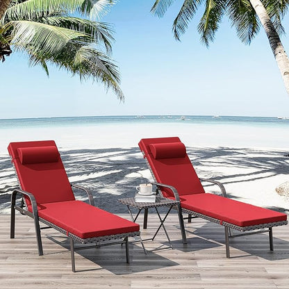 Kurapika Patio Chaise Lounge Set 3 Pieces Outdoor Lounge Chair, Rattan Reclining Chair Adjustable Backrest, Pool Sunbathing Recliners with Folding Table for Poolside Beach, Red