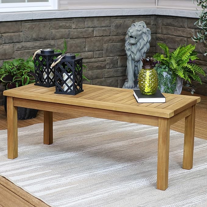 Sunnydaze 45-Inch Solid Teak Rectangular Outdoor Coffee Table - Patio Coffee Table for Outside - Light Brown Wood Stain Finish