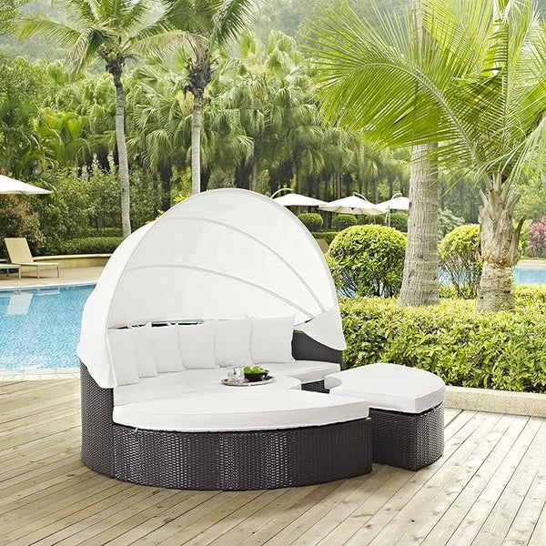 Modway Convene Wicker Rattan Outdoor Patio Retractable Canopy Round Poolside Sectional Sofa Daybed with Cushions in - Photo 1