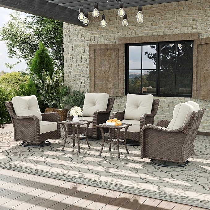 6 Piece Patio Furniture Set, All-Weather Wicker Outdoor Conversation Set with Swivel Rocking Chair and 6 Inch Thick Cushions