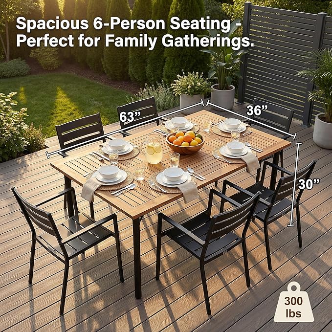 Flamaker Acacia Wood Patio Outdoor Dining Table for 6, Outdoor Table with Umbrella Hole and Metal Legs for Garden - Photo 7