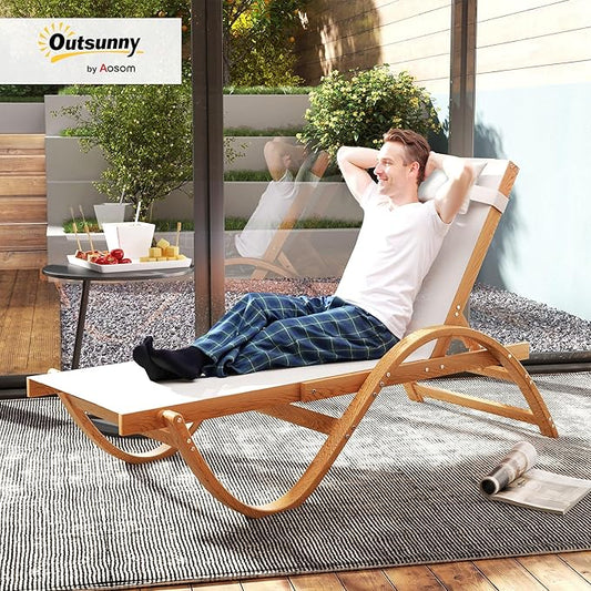 Outsunny Larch Wood Lounge Chair, 4-Level Adjustable Tanning Chair, Full Flat Patio Lounger with Mesh Seat, Outdoor Sun Chaise for Patio Beach, Cream White