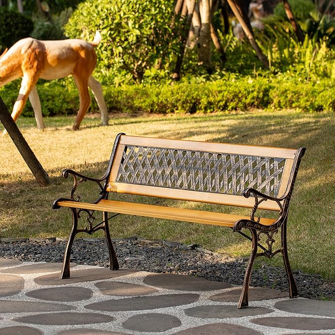 Gardenised QI003462L Outdoor Classical Wooden Slated Park Bench, Steel Frame Seating Bench for Yard, Patio, Garden, Balcony, and Deck