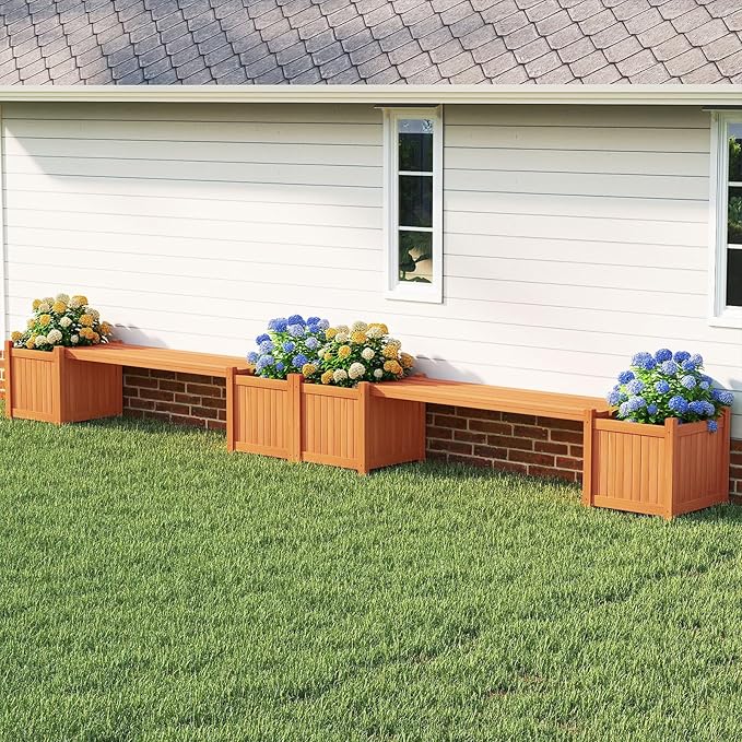 S AFSTAR 2 Pieces Outdoor Planter Bench, Wooden Planter Box with Bench, Raised Plant Container Garden Benches with Boxes for Outdoor, Patio, Yard, Deck & Balcony