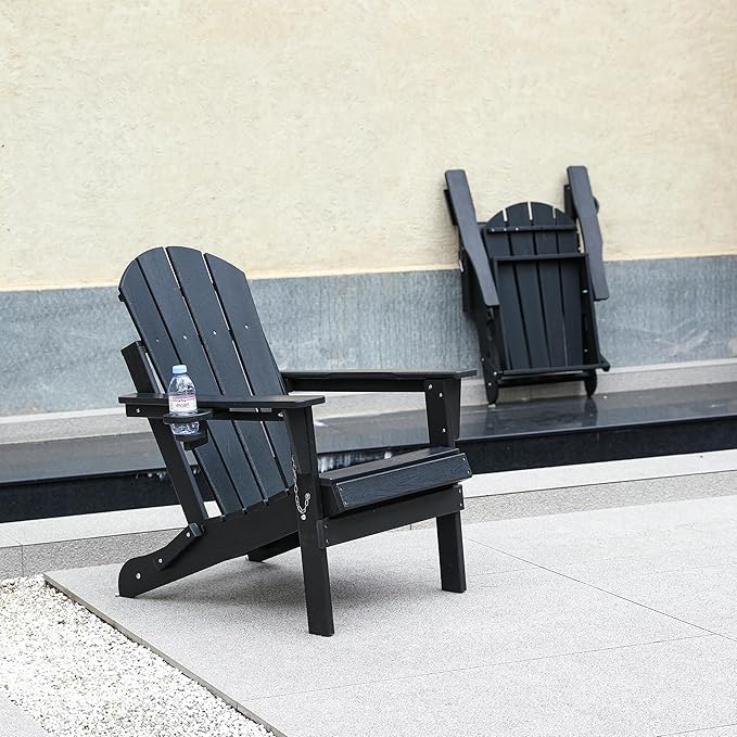 HDPE Foldable Adirondack Chair Outside with Cup Holder, Composite Outdoor Chairs with Wood Texture, Black - Photo 8