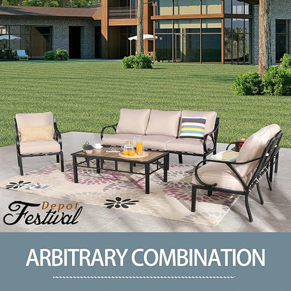 Festival Depot Patio Coffee Table Square Metal Table with Wood Grain Tabletop All Weather Outdoor Furniture for Deck Porch Garden (25.2" x 25.2" x 16.5")