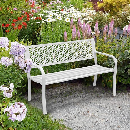 VINGLI 50" Outdoor Bench Metal with Floral Back, Garden Bench Front Porch Bench for Yard Patio Entryway Park Outside, 800lb Capacity - White