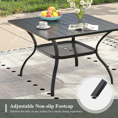 Outdoor Dining Table with Adjustable Umbrella Hole, 37.8" All-Weather Square Patio Dining Table for 4, Metal Patio Table for Garden Lawn Porch Deck Yard, Black
