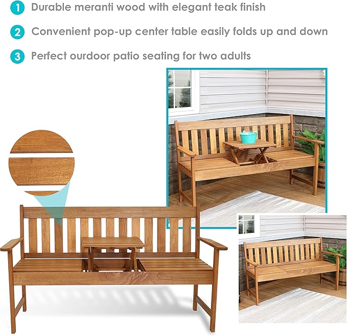 Sunnydaze Meranti Wood Outdoor Patio Bench with Built-in Pop-Up Table - Teak Oil Finish - 60-Inch