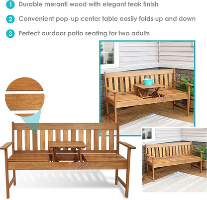 Sunnydaze Meranti Wood Outdoor Patio Bench with Built-in Pop-Up Table - Teak Oil Finish - 60-Inch