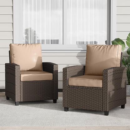 2 Pieces Patio Furniture Set, Outdoor Wicker Chairs Set of 2, All Weather High Back Rattan Chairs, Seating Club Chair Porch Chairs Set with Cushions for Balcony Porch Deck, Beige