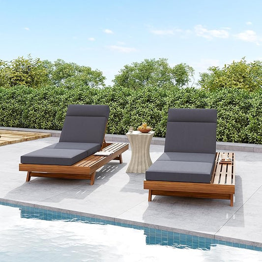 Merax Acacia Wood Chaise Lounge Chair Outdoor Set of 2, Patio Recliner with 4 Position Adjustable Backrest and 4" Thick Four-fold Cushion