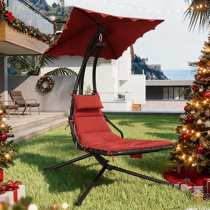 GarveeLife Chaise Lounger Swing Chair with Umbrella Canopy, Patio Hanging Chaise Lounger Chair with Stand - Photo 1