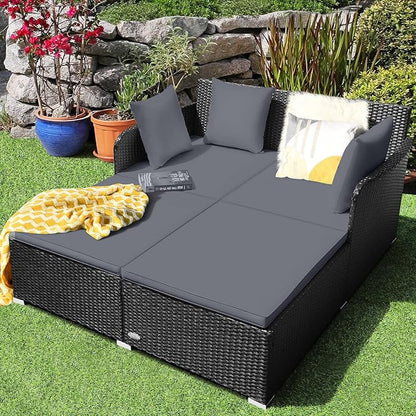 Tangkula Outdoor Rattan Daybed, Wicker Furniture with Spacious Seat, Upholstered Cushion & High-Resilience Sponge, Patio Sofa Set with 4 Pillows, 2-Person Sunbed for Poolside Backyard Garden & Balcony