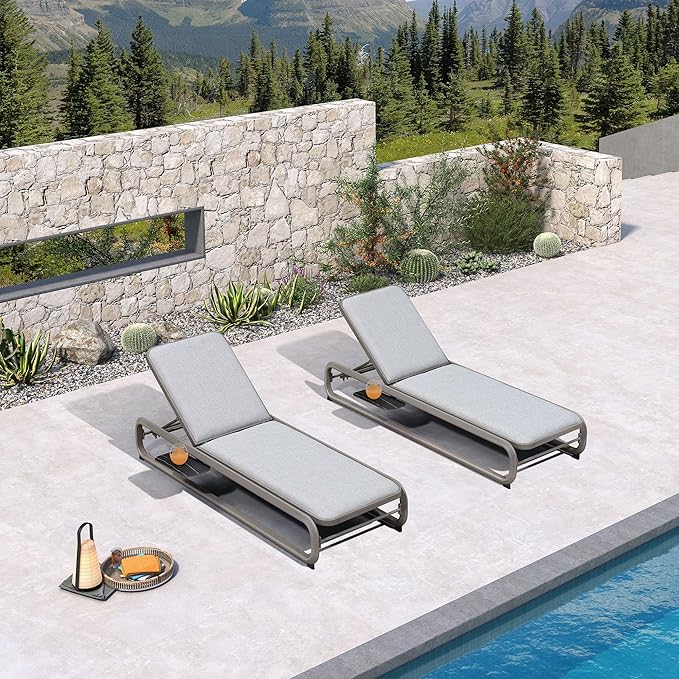 PURPLE LEAF Outdoor 3 Pieces Chaise Lounges Layout Lounges for Outside Slide-Out Side Table with Cushion Adjustable Backrest Grey