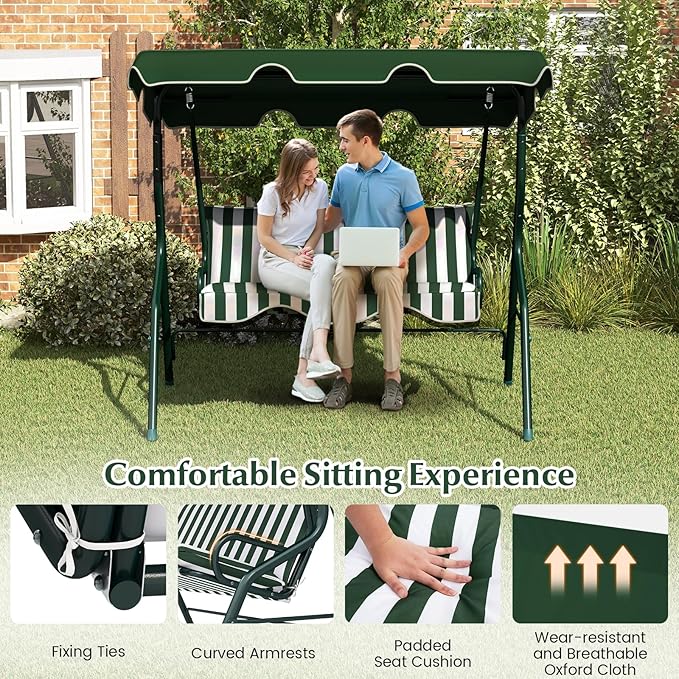 RELAX4LIFE 3-Person Porch Swing Chair - Outdoor Swing w/Adjustable Canopy, Removable Cushion & Metal Frame Stand - Photo 6