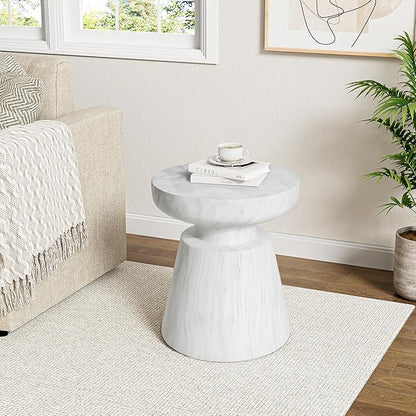 Christopher Knight Home Jayme 15"Indoor Outdoor Accent Side Table, Lightweight Concrete End Table, Travertine Round Tabletop, Easy Move, Decorative Garden Stool for Poolside Balcony Living Room, White
